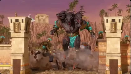 Age of Mythology: Retold cinematic showing a giant mythological creature charging through a temple gate.