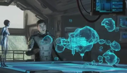 Halo cinematic showing a character examining a blue holographic display.