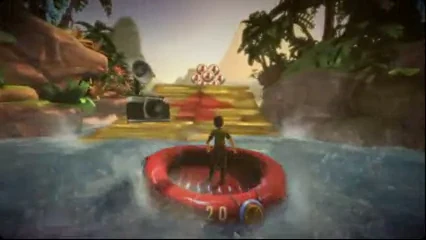 Kinect Adventures gameplay showing an avatar balancing on a red raft in tropical rapids.