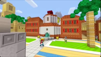Minecraft gameplay showing a bright marketplace environment with block-built buildings and trees.