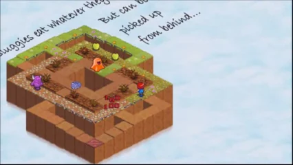 Skyling: Garden Defense gameplay showing the character tending an isometric garden while creatures approach.